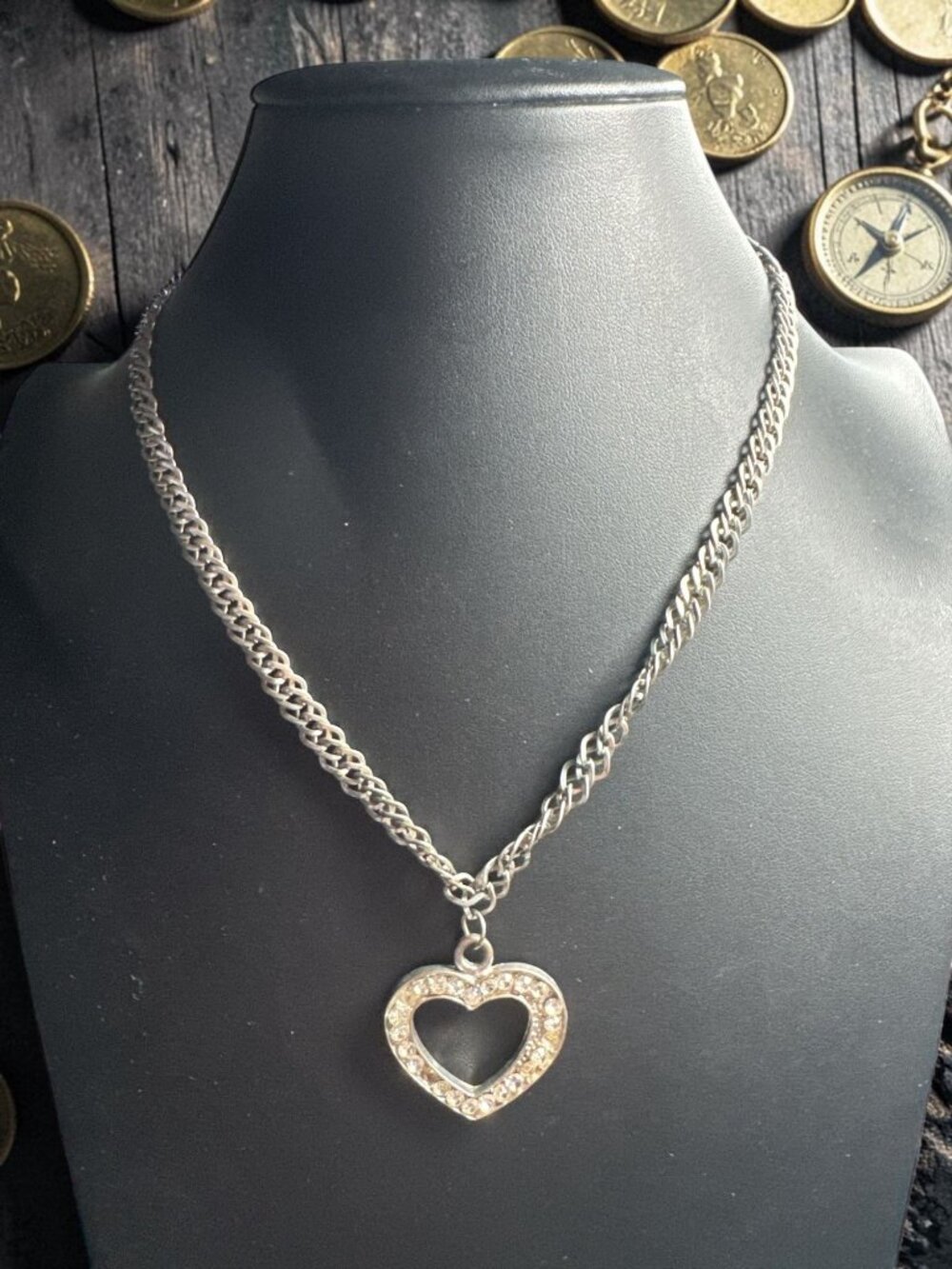 Silver Rhinestone Open Heart Pendant Necklace, Sparkling Stones, Thick Chain, Re